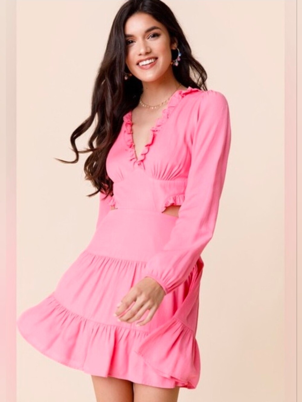 Mi Ami Francesca's Pink Ruffled Tiered Long Sleeve Dress